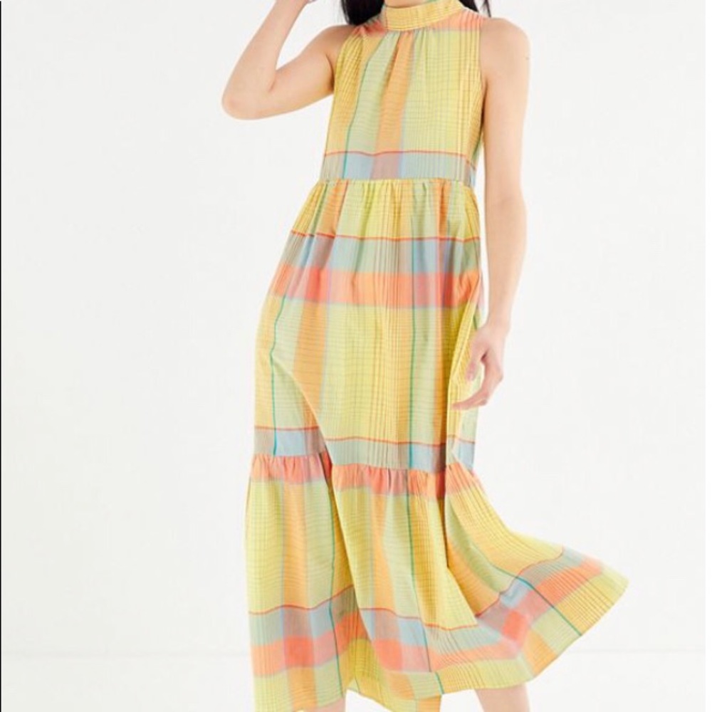 UO Greta Tiered Ruffle Mock Neck Maxi Dress